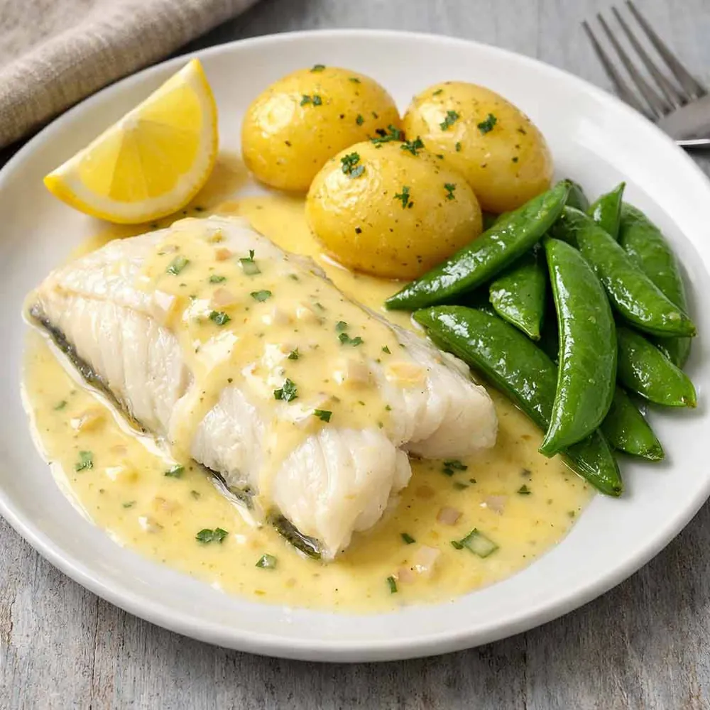 Serveringsförslag: pocherad kolja med potatis, smörsås och sockerärtor